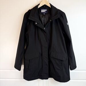 Lands End Squall Black Rain Jacket Women’s XL Hooded Parka No Liner
